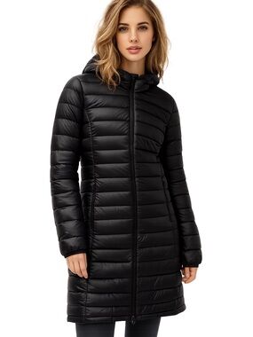 TNA Botanie Black Hooded Long Lightweight Puffer Coat